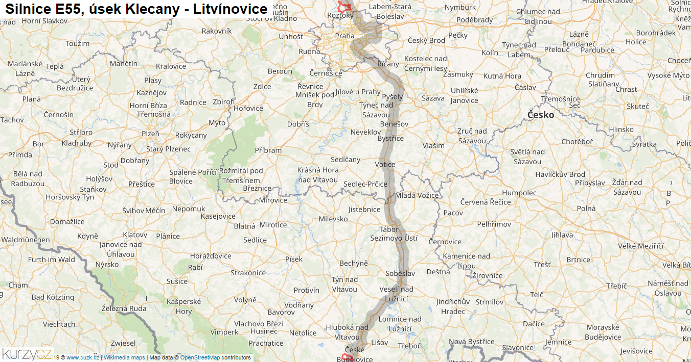 Úsek Klecany - Litvínovice, Silnice E55 - Mapa
