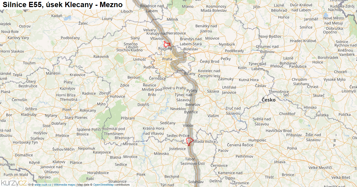 Úsek Klecany - Mezno, Silnice E55 - Mapa