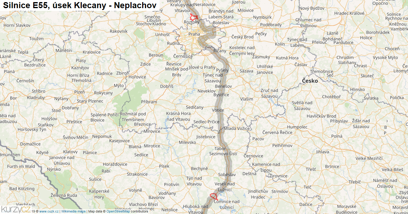 Úsek Klecany - Neplachov, Silnice E55 - Mapa