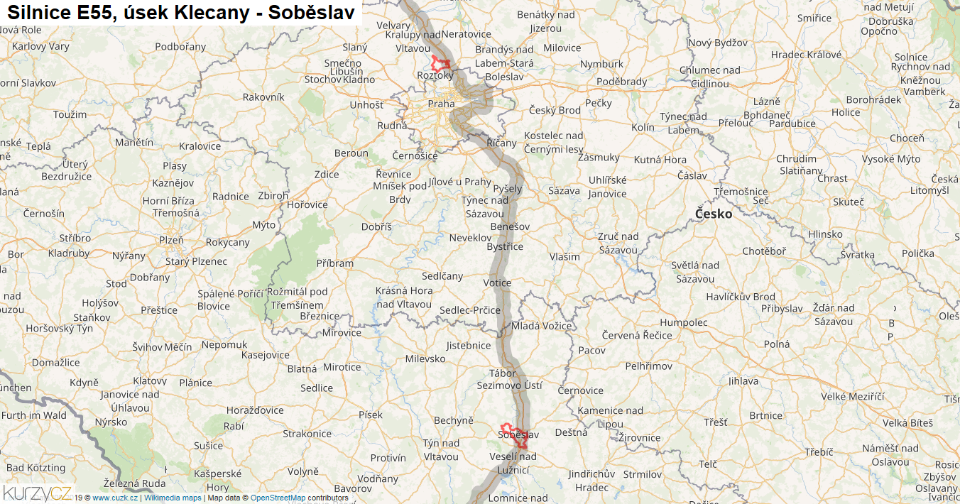 Úsek Klecany - Soběslav, Silnice E55 - Mapa