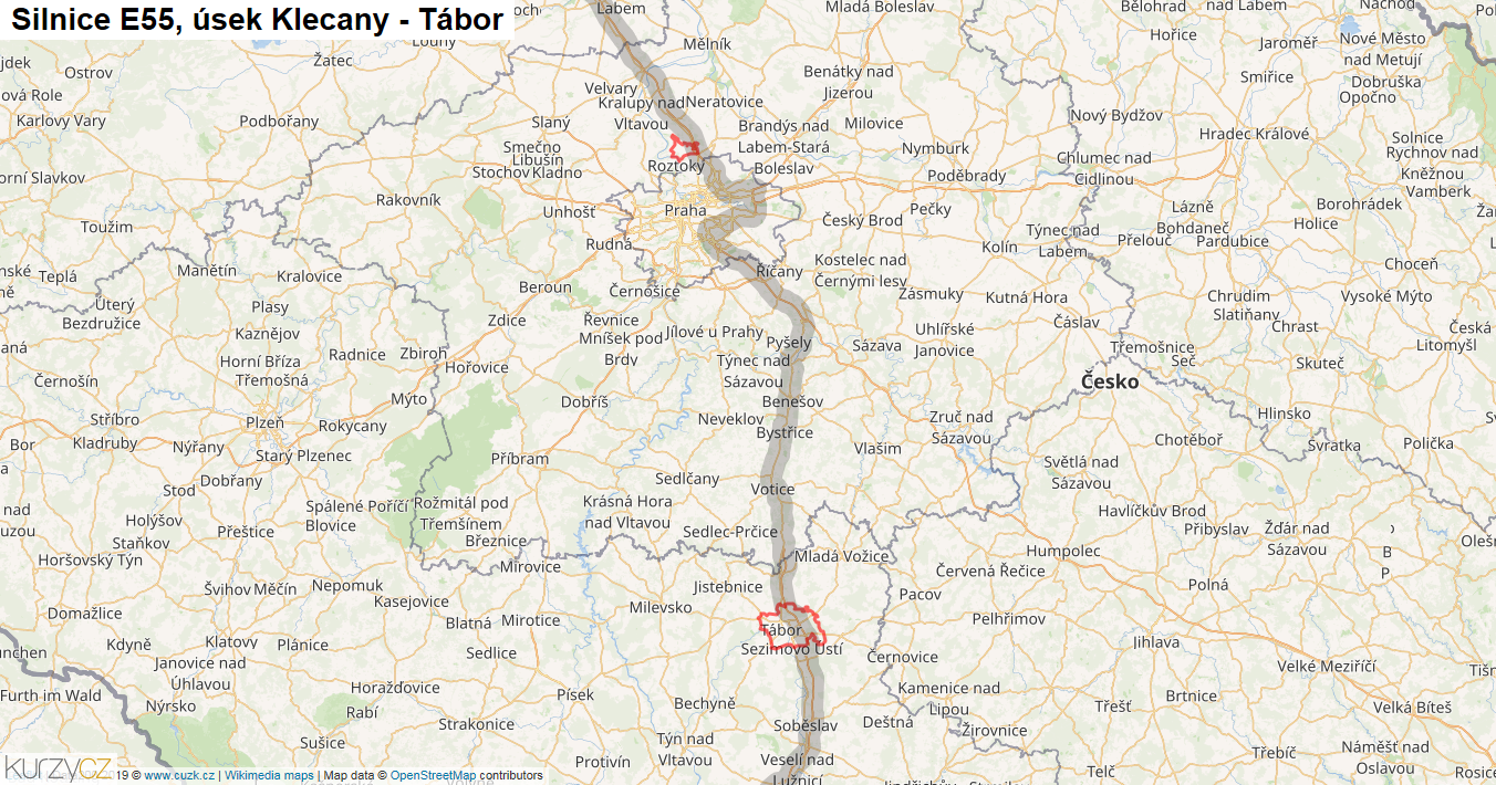 Úsek Klecany - Tábor, Silnice E55 - Mapa