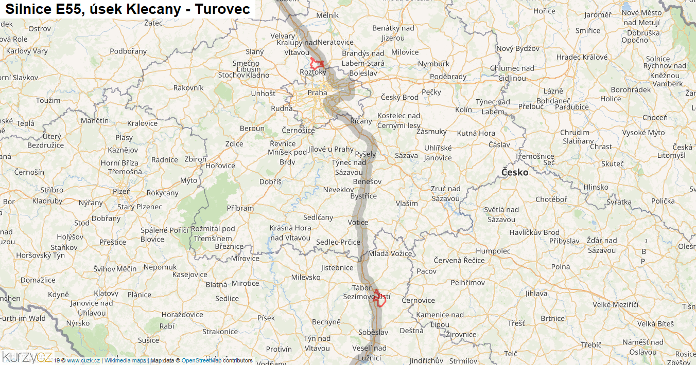 Úsek Klecany - Turovec, Silnice E55 - Mapa