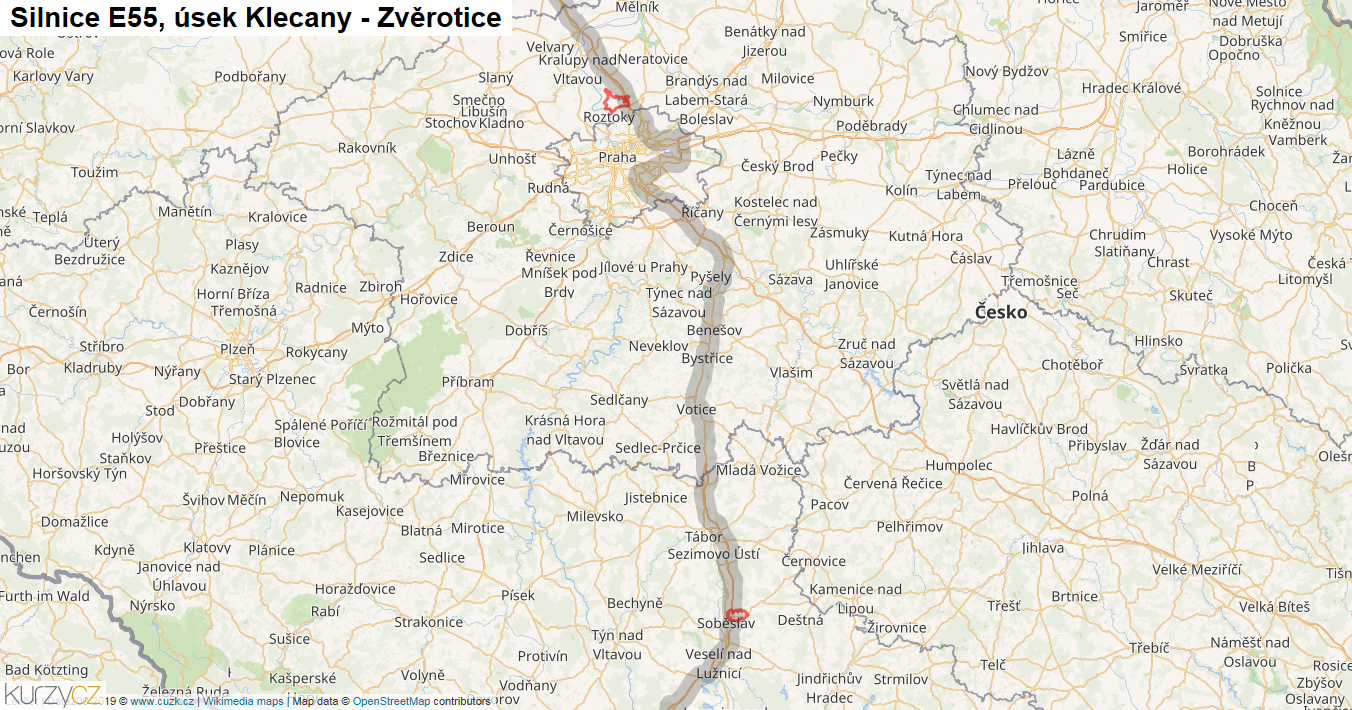 Úsek Klecany - Zvěrotice, Silnice E55 - Mapa