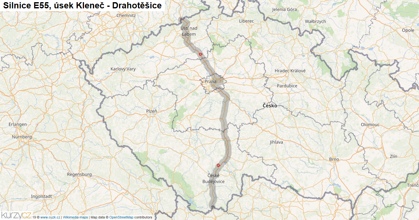 Úsek Kleneč - Drahotěšice, Silnice E55 - Mapa