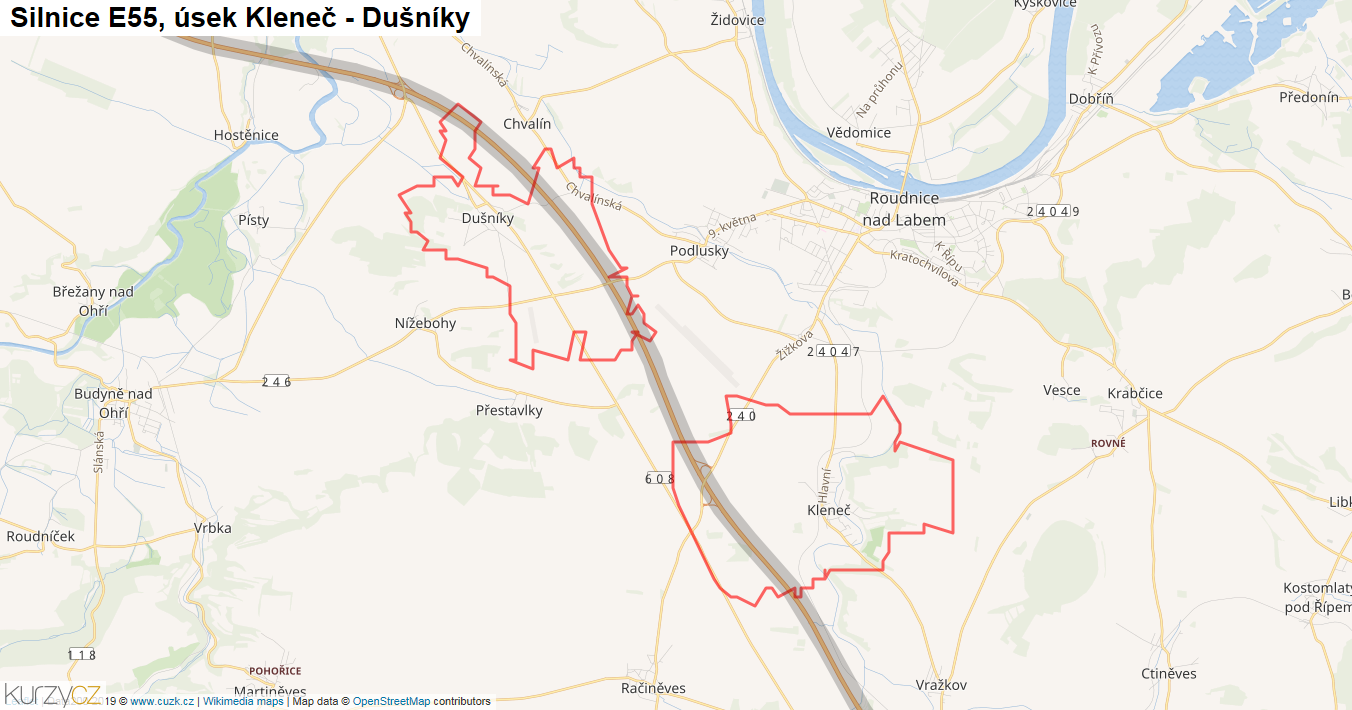 Úsek Kleneč - Dušníky, Silnice E55 - Mapa
