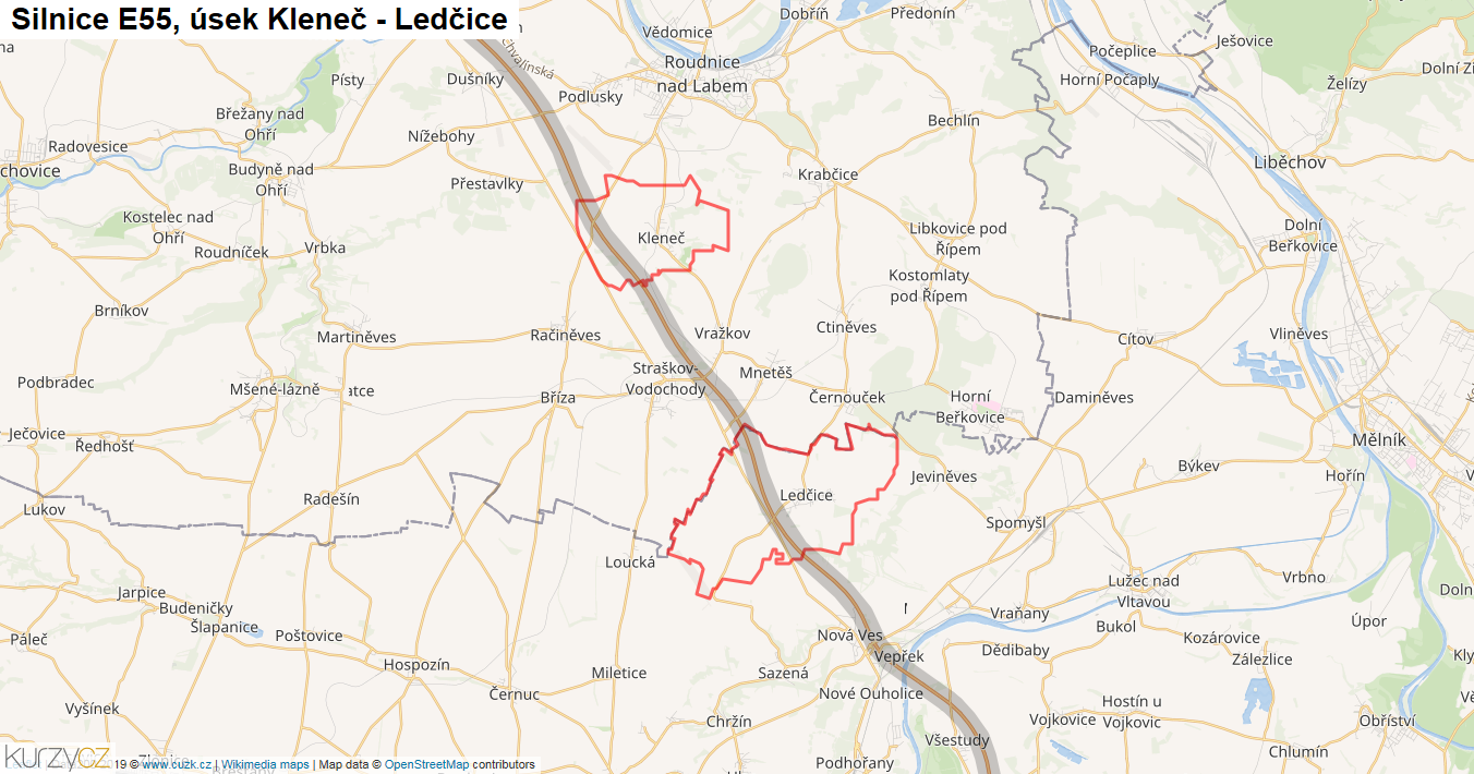 Úsek Kleneč - Ledčice, Silnice E55 - Mapa