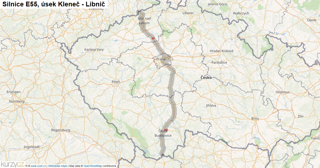 Úsek Kleneč - Libníč, Silnice E55 - Mapa