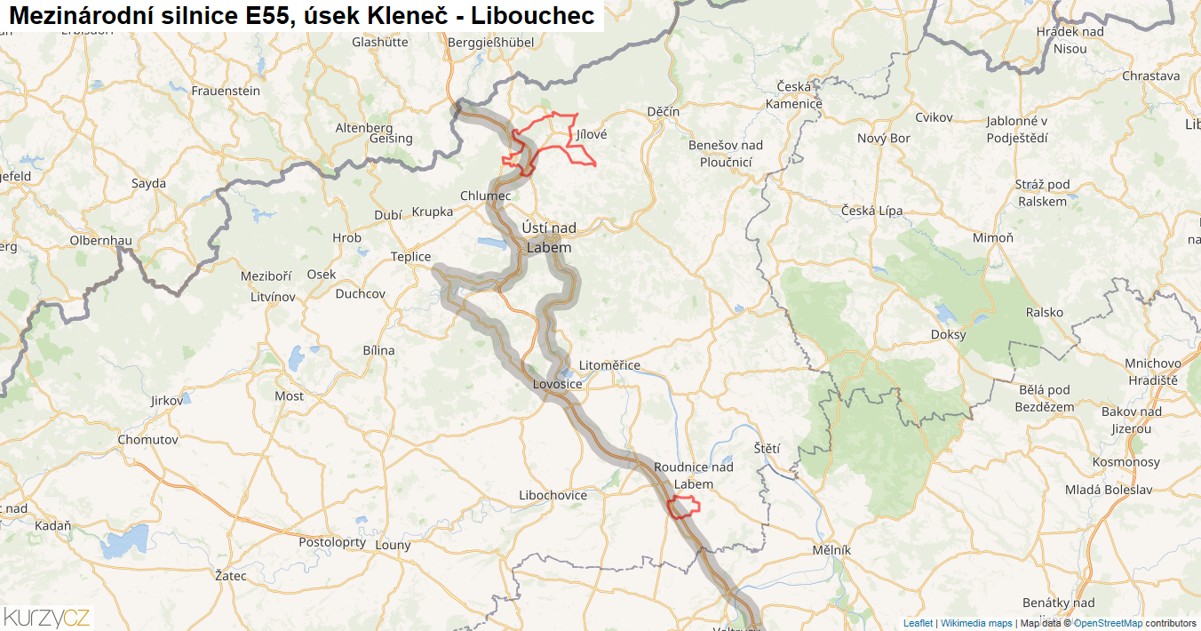 Úsek Kleneč - Libouchec, Silnice E55 - Mapa