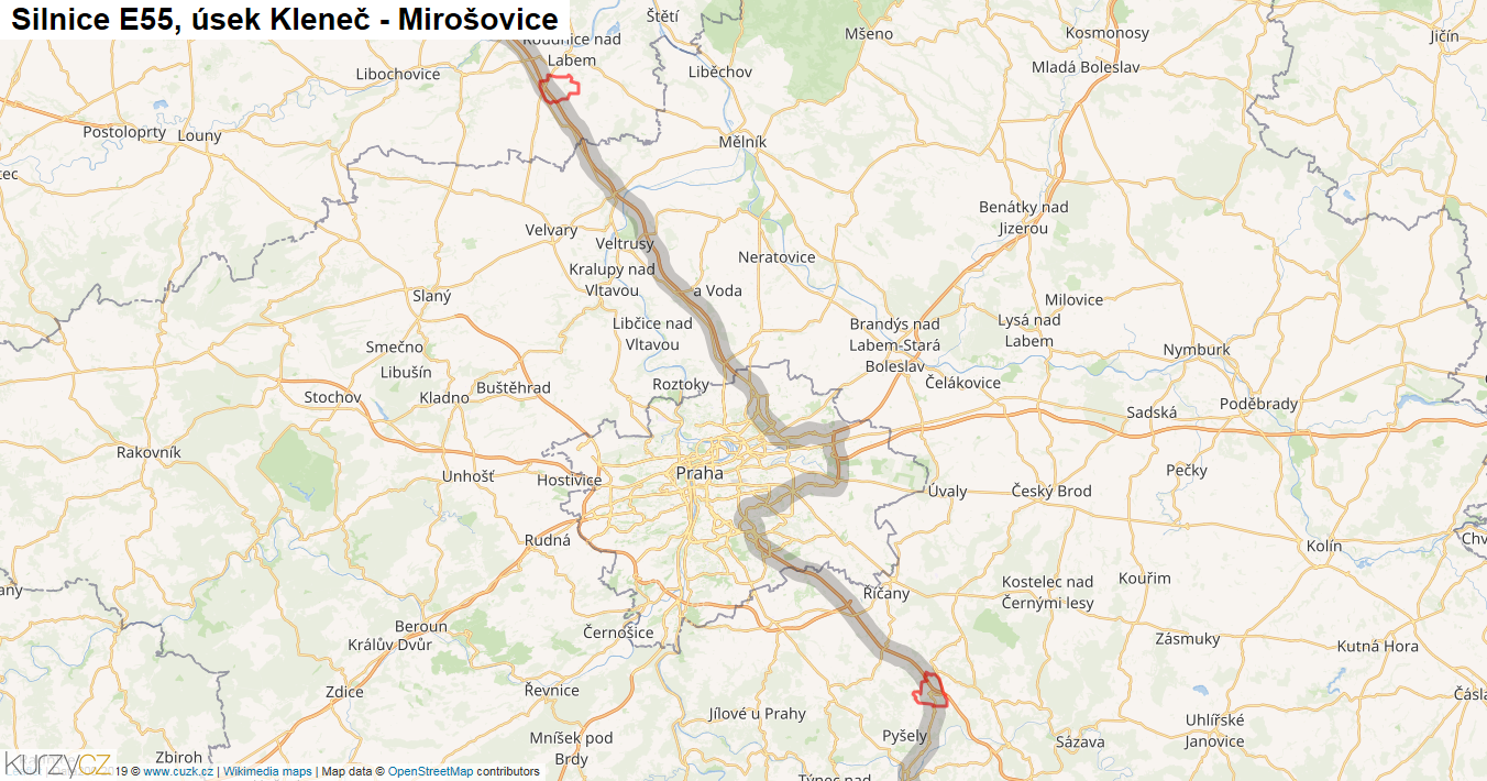 Úsek Kleneč - Mirošovice, Silnice E55 - Mapa
