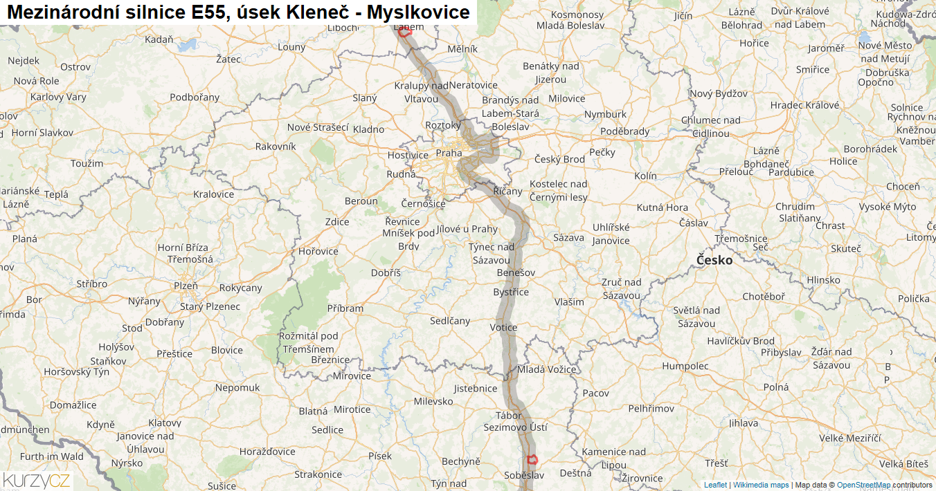 Úsek Kleneč - Myslkovice, Silnice E55 - Mapa