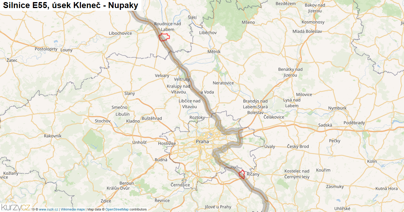 Úsek Kleneč - Nupaky, Silnice E55 - Mapa