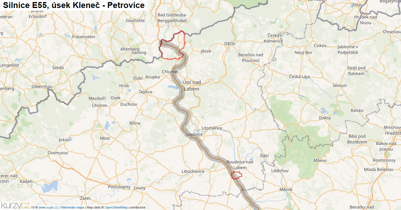 Úsek Kleneč - Petrovice, Silnice E55 - Mapa
