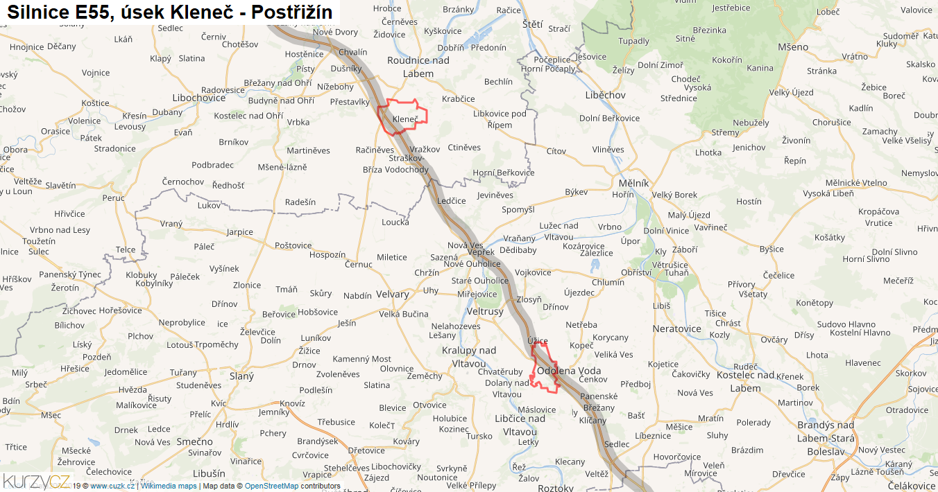 Úsek Kleneč - Postřižín, Silnice E55 - Mapa