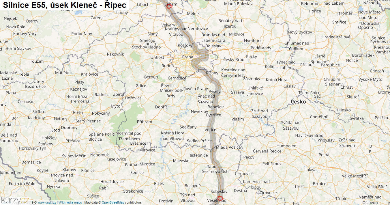 Úsek Kleneč - Řípec, Silnice E55 - Mapa