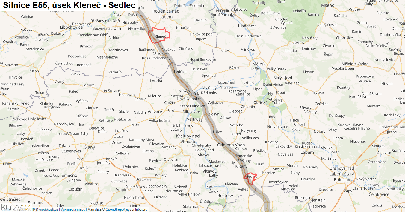 Úsek Kleneč - Sedlec, Silnice E55 - Mapa