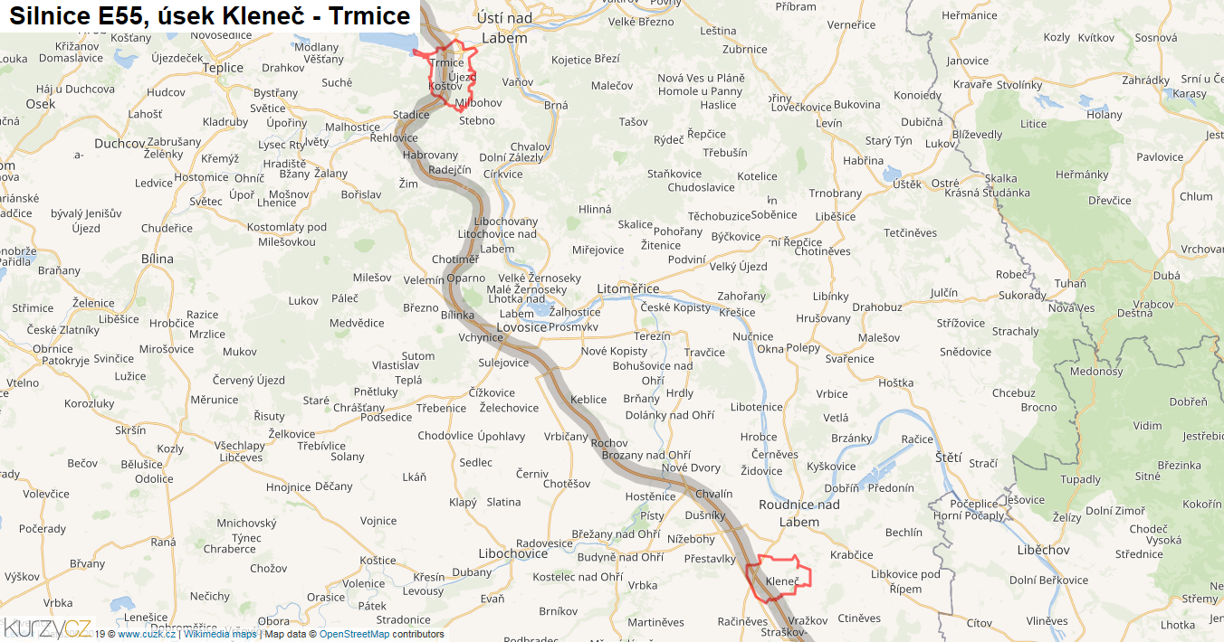 Úsek Kleneč - Trmice, Silnice E55 - Mapa