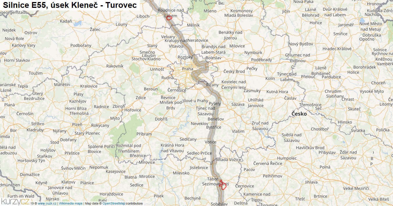 Úsek Kleneč - Turovec, Silnice E55 - Mapa