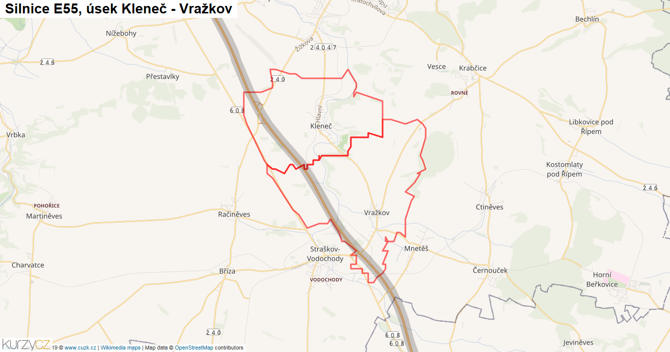 Úsek Kleneč - Vražkov, Silnice E55 - Mapa