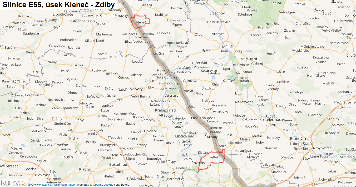 Úsek Kleneč - Zdiby, Silnice E55 - Mapa