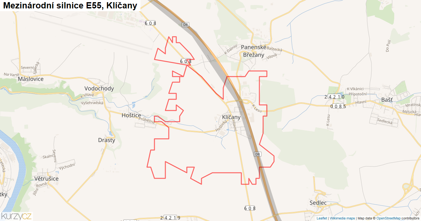 Klíčany, Silnice E55 - Mapa