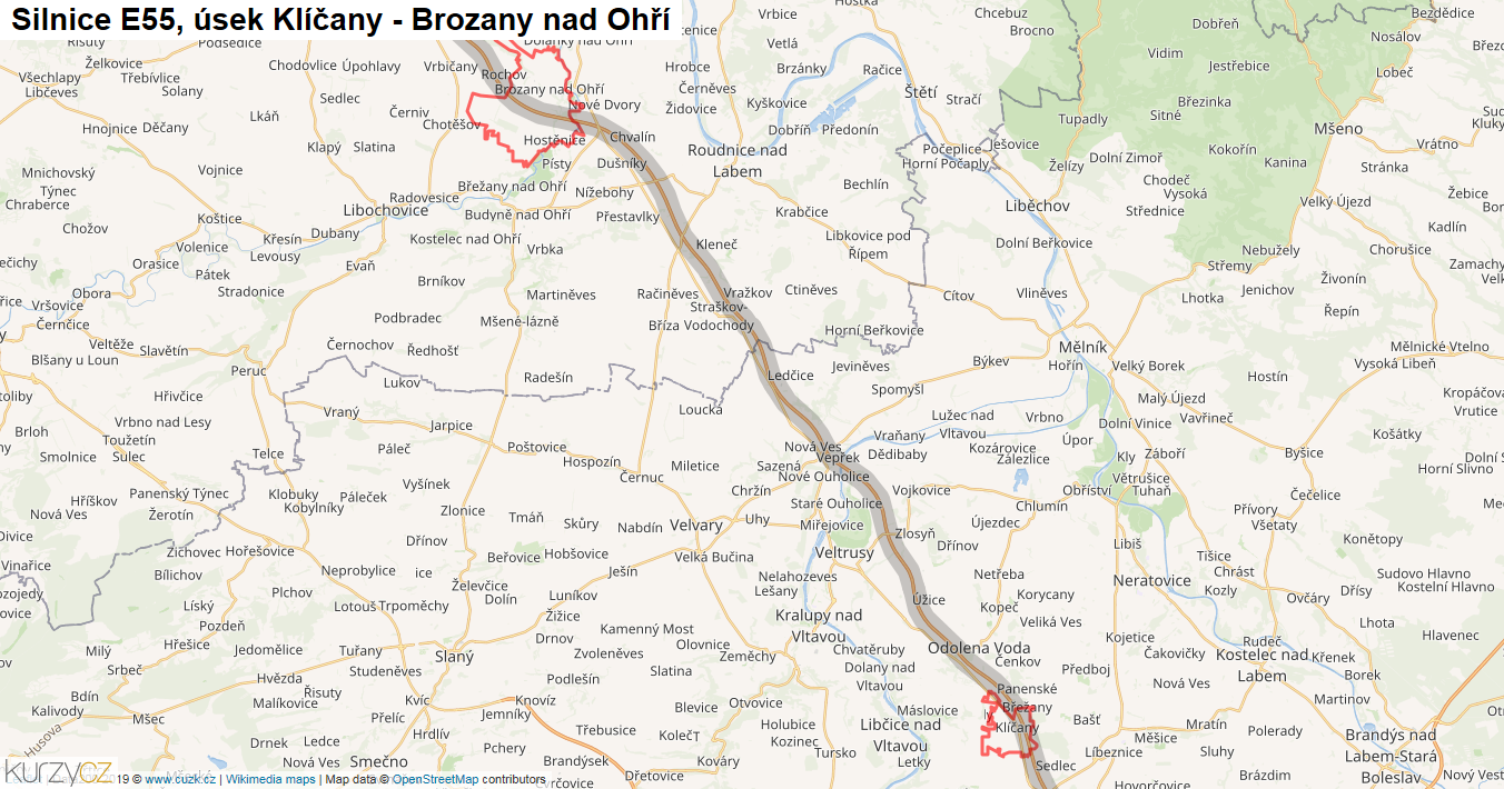 Úsek Klíčany - Brozany nad Ohří, Silnice E55 - Mapa