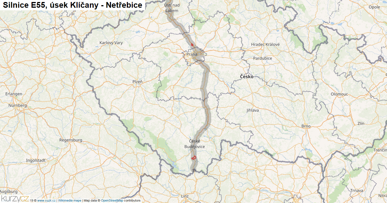 Úsek Klíčany - Netřebice, Silnice E55 - Mapa
