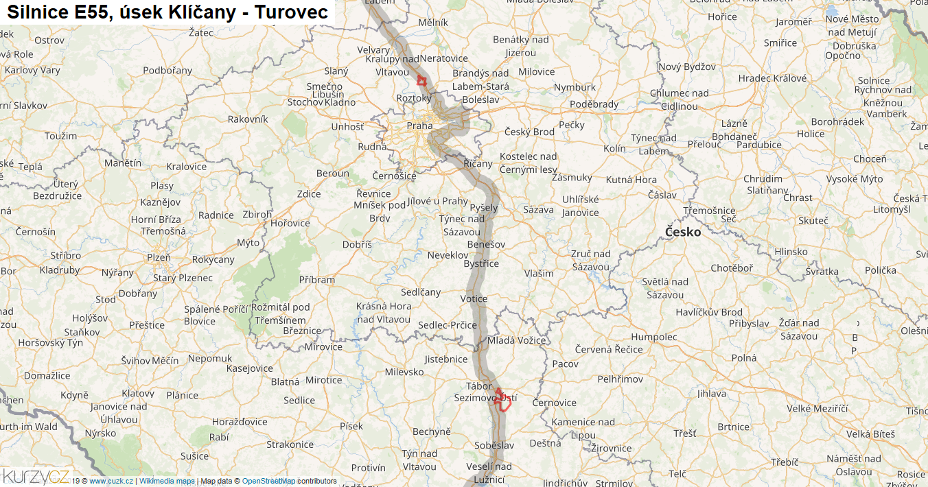 Úsek Klíčany - Turovec, Silnice E55 - Mapa