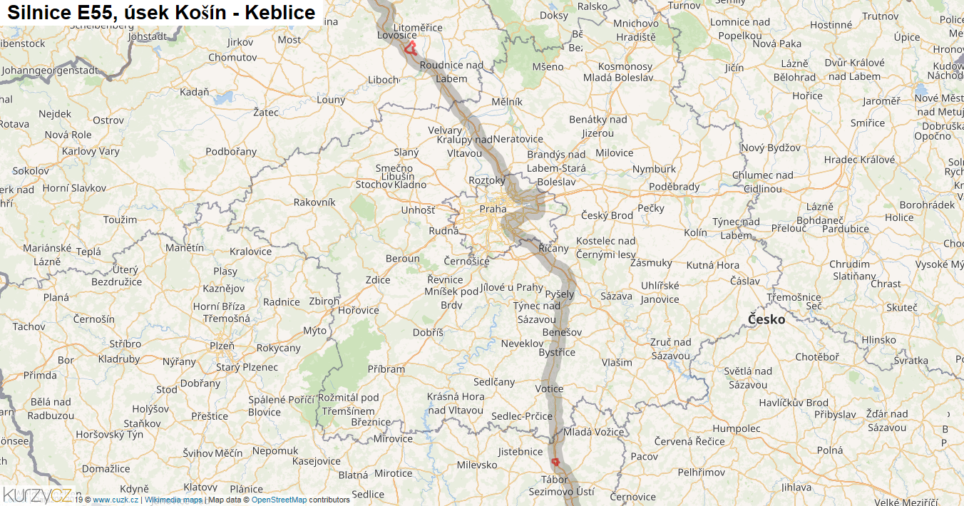 Úsek Košín - Keblice, Silnice E55 - Mapa