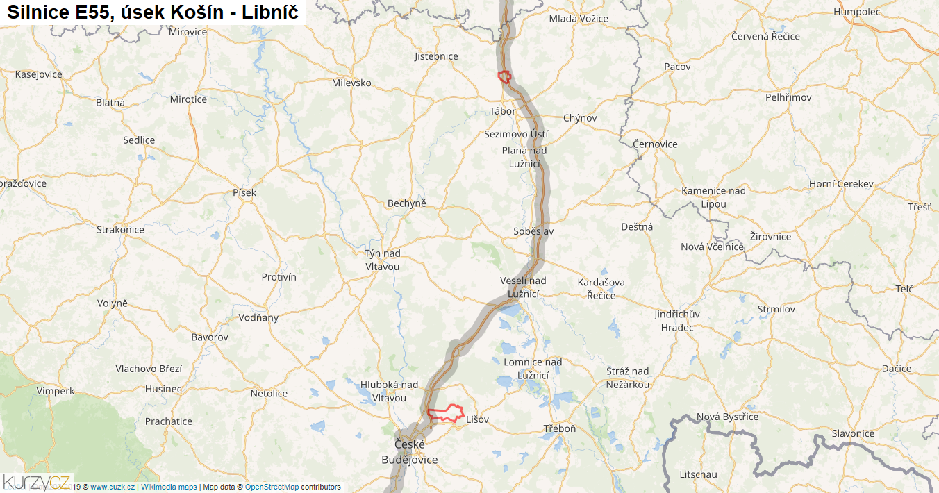 Úsek Košín - Libníč, Silnice E55 - Mapa