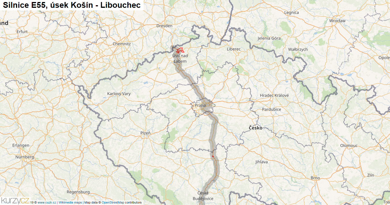 Úsek Košín - Libouchec, Silnice E55 - Mapa