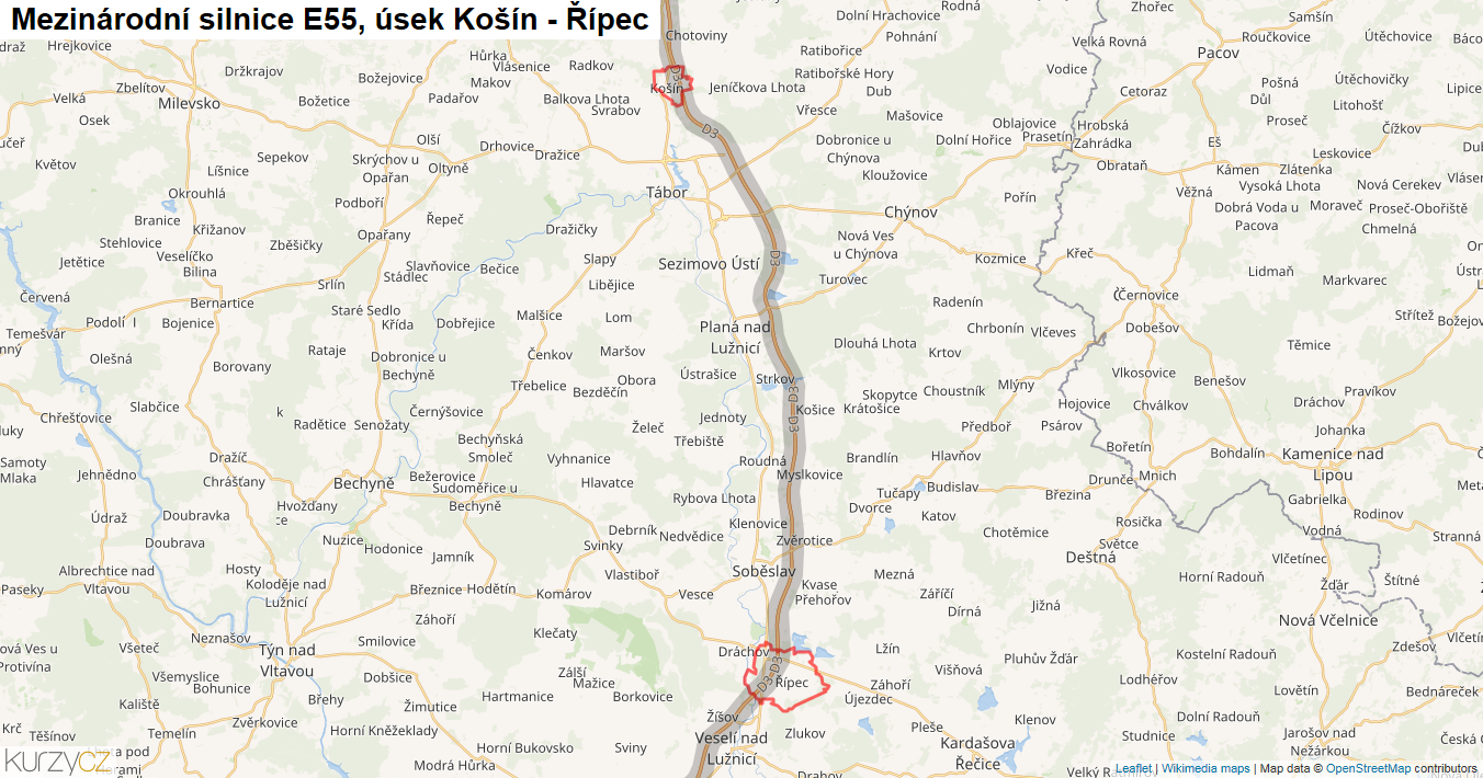Úsek Košín - Řípec, Silnice E55 - Mapa