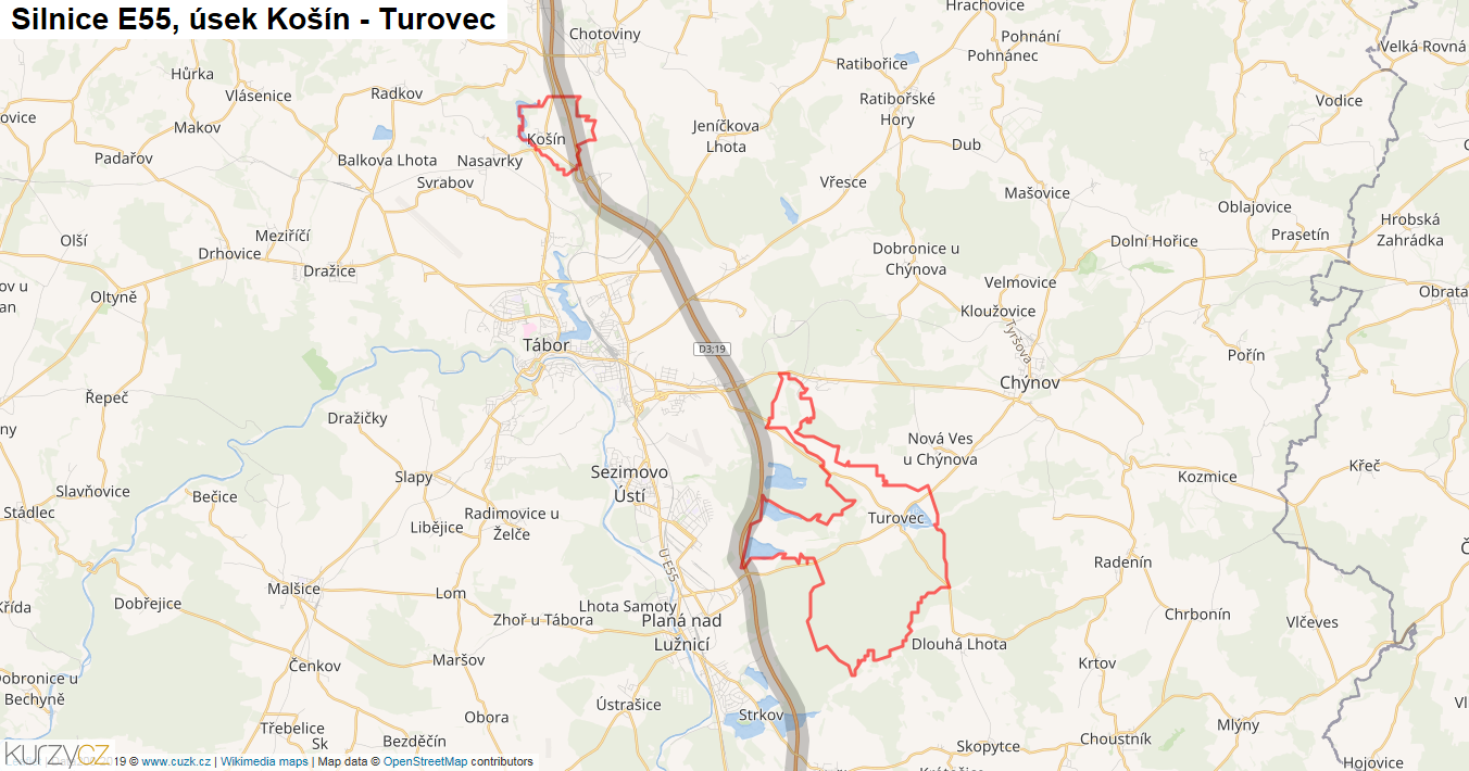 Úsek Košín - Turovec, Silnice E55 - Mapa