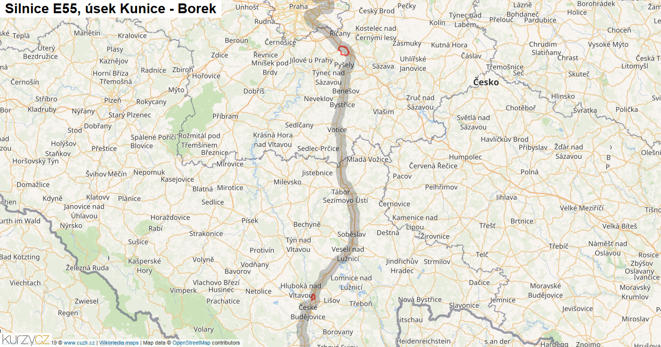 Úsek Kunice - Borek, Silnice E55 - Mapa