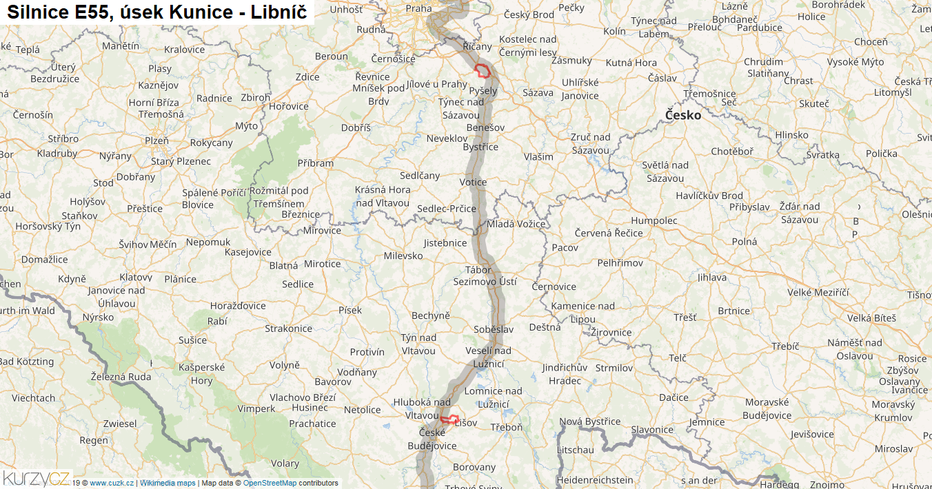 Úsek Kunice - Libníč, Silnice E55 - Mapa
