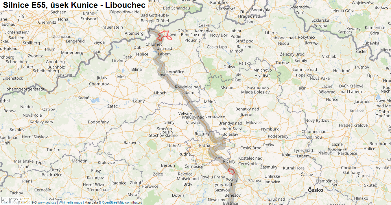 Úsek Kunice - Libouchec, Silnice E55 - Mapa