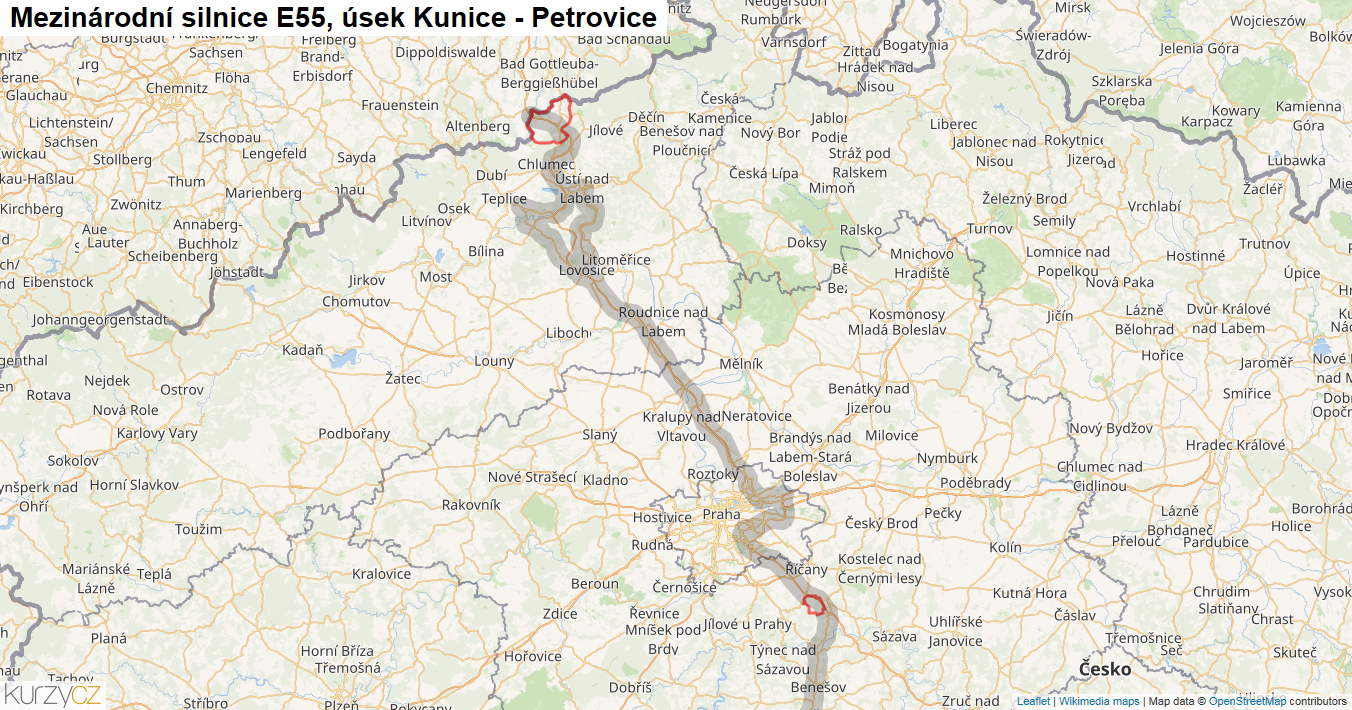 Úsek Kunice - Petrovice, Silnice E55 - Mapa