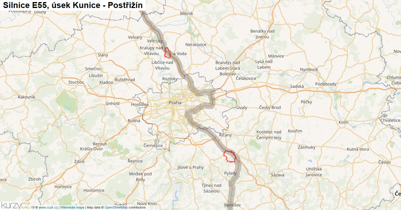 Úsek Kunice - Postřižín, Silnice E55 - Mapa