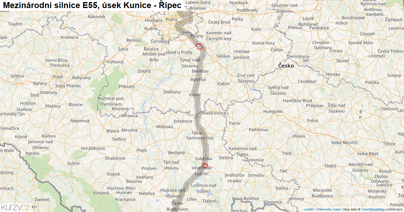 Úsek Kunice - Řípec, Silnice E55 - Mapa