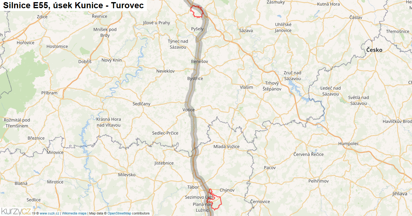 Úsek Kunice - Turovec, Silnice E55 - Mapa