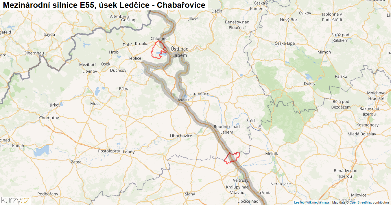 Úsek Ledčice - Chabařovice, Silnice E55 - Mapa