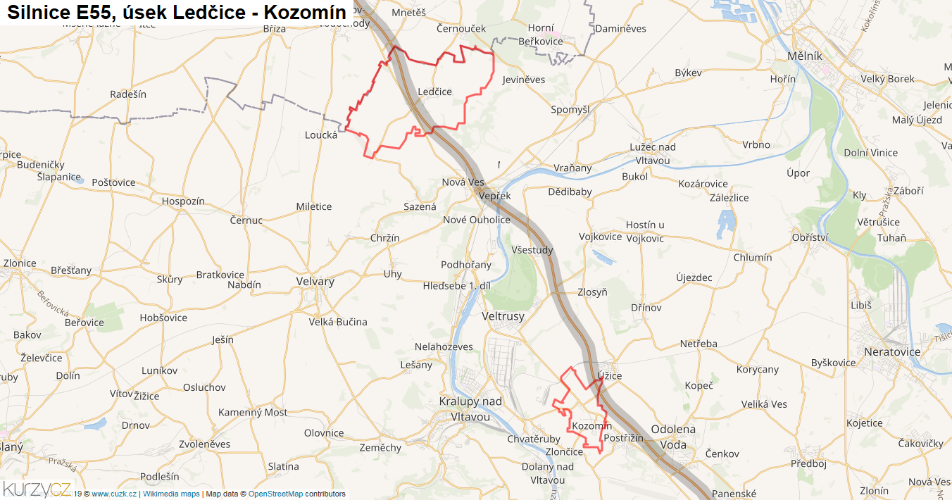 Úsek Ledčice - Kozomín, Silnice E55 - Mapa