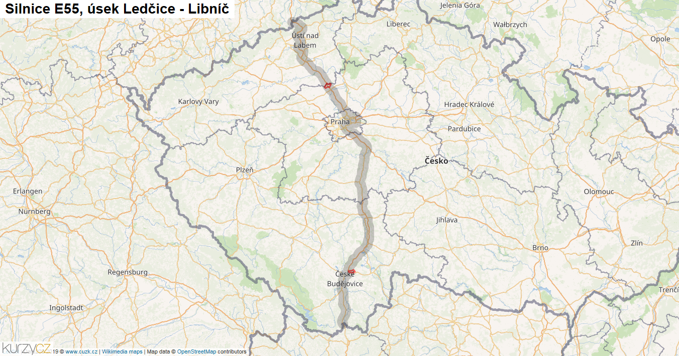 Úsek Ledčice - Libníč, Silnice E55 - Mapa