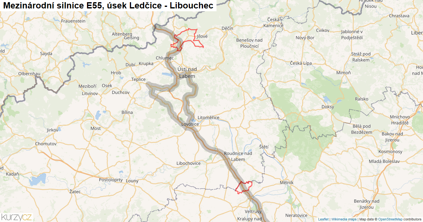 Úsek Ledčice - Libouchec, Silnice E55 - Mapa