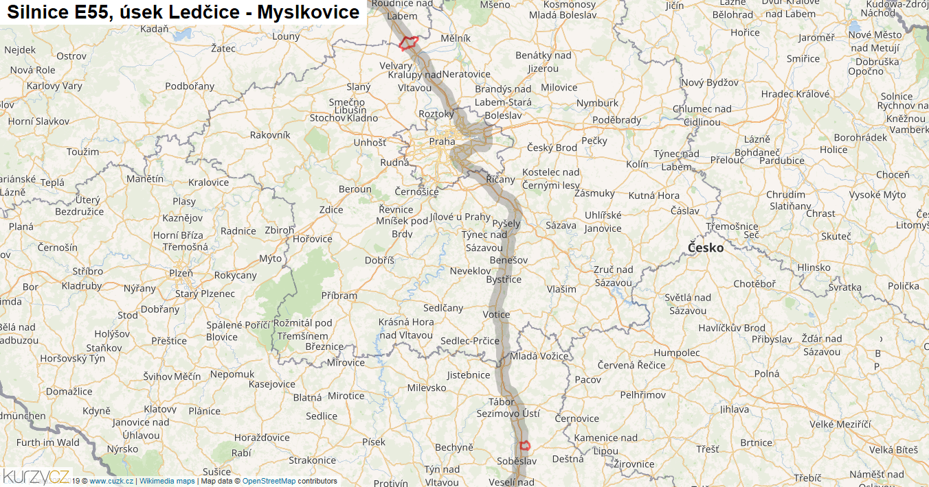 Úsek Ledčice - Myslkovice, Silnice E55 - Mapa