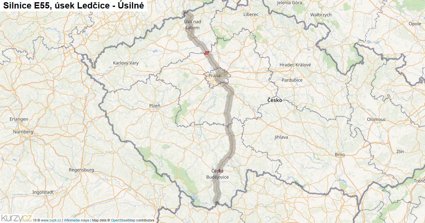 Úsek Ledčice - Úsilné, Silnice E55 - Mapa