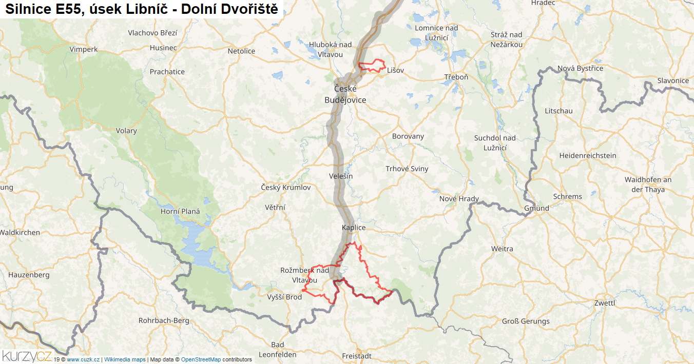 Úsek Libníč - Dolní Dvořiště, Silnice E55 - Mapa