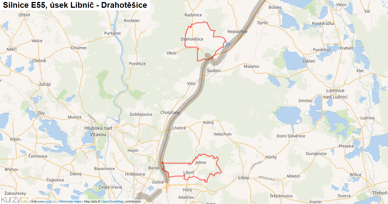 Úsek Libníč - Drahotěšice, Silnice E55 - Mapa