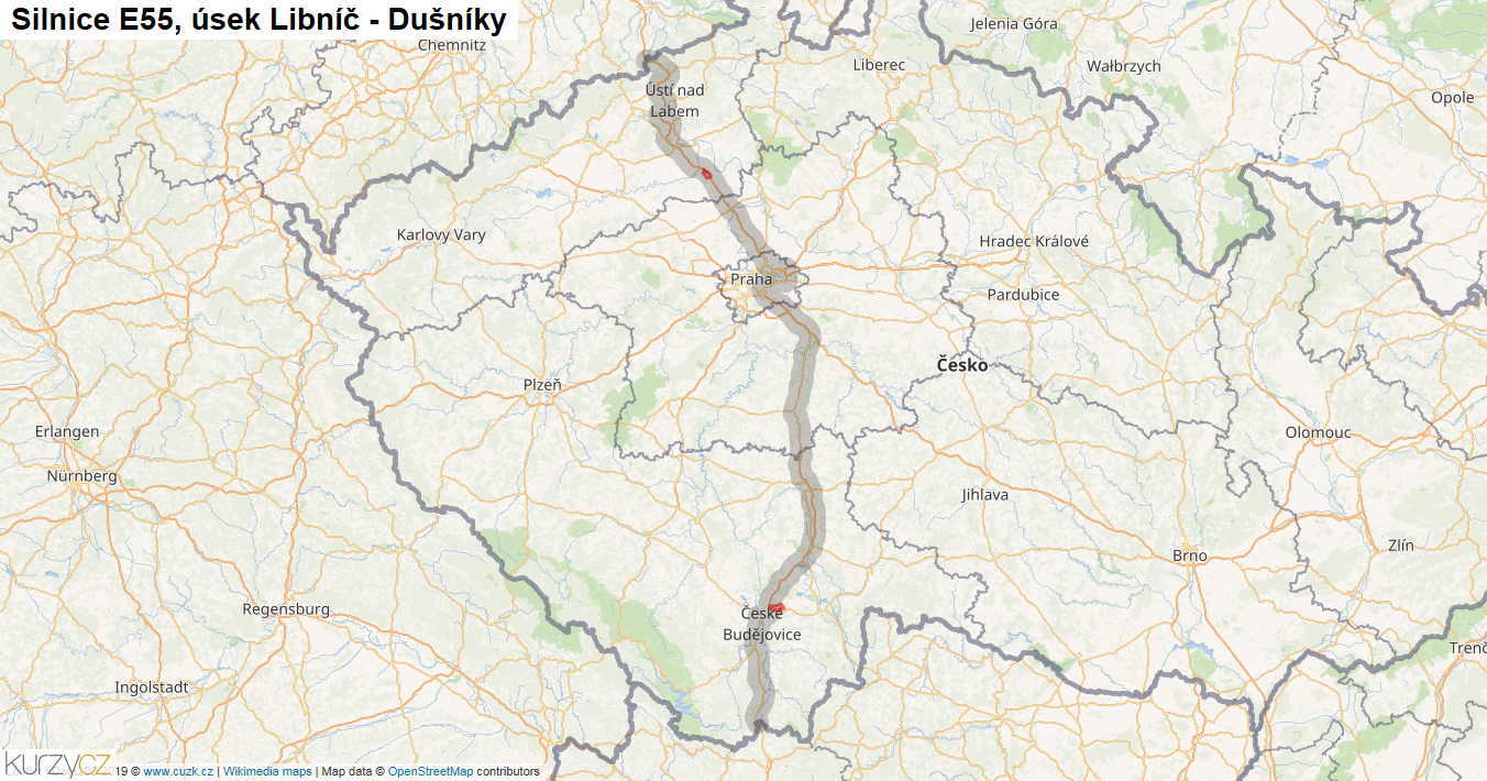 Úsek Libníč - Dušníky, Silnice E55 - Mapa