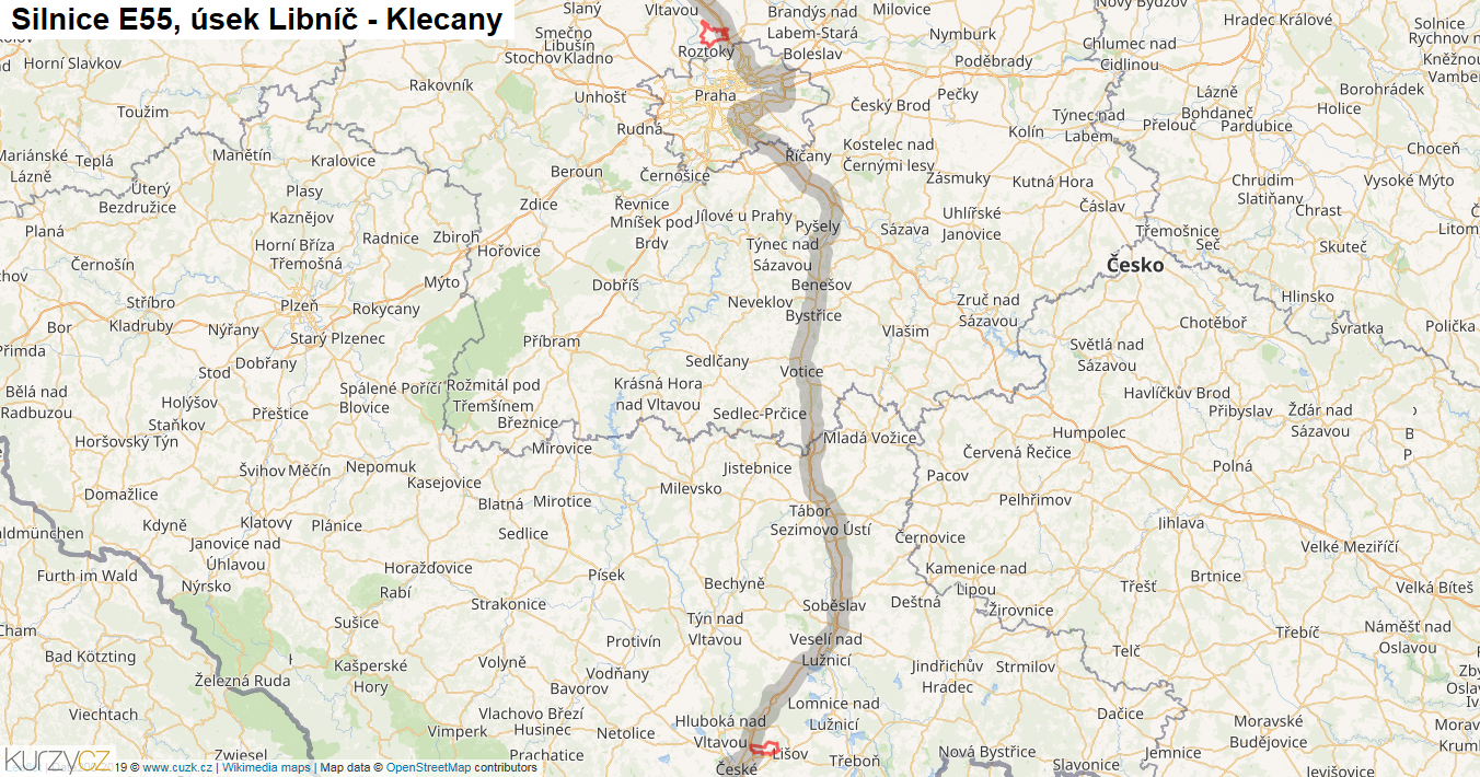 Úsek Libníč - Klecany, Silnice E55 - Mapa