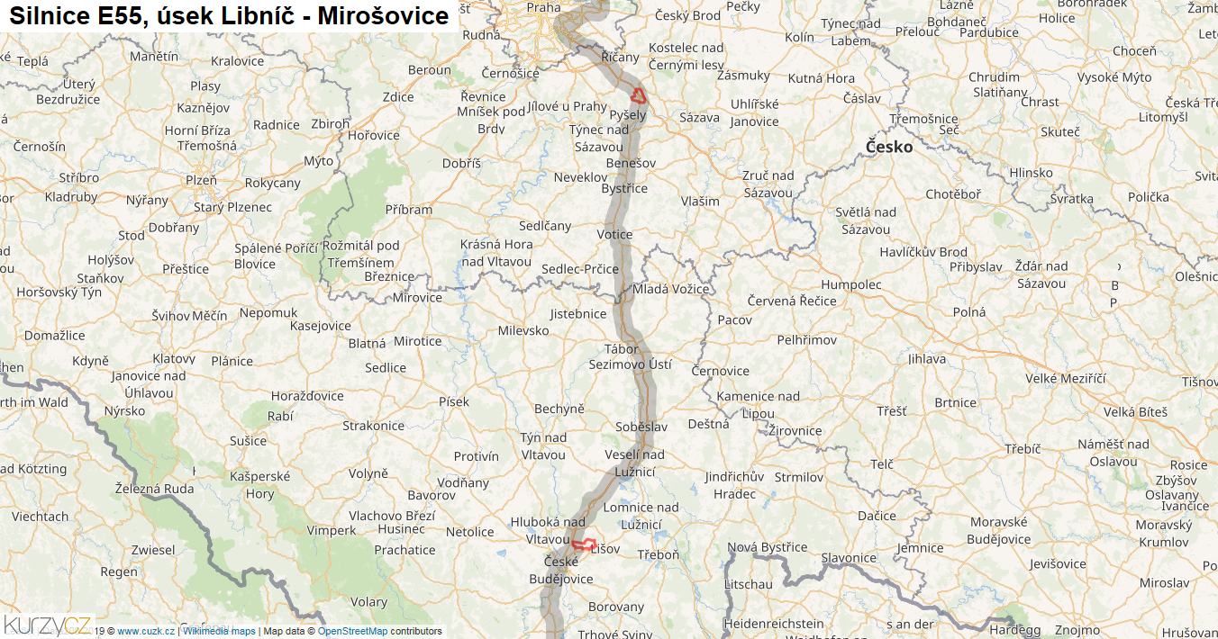 Úsek Libníč - Mirošovice, Silnice E55 - Mapa